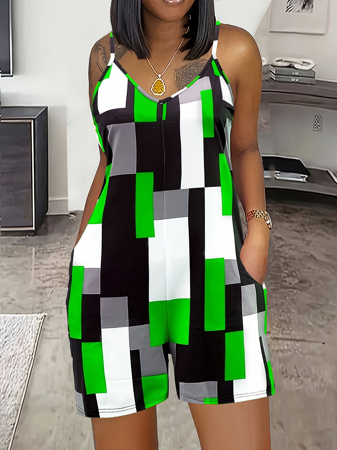 Women's Summer V-Neck Color Block Print Romper with Pockets - Stylish Sleeveless Jumpsuit in Orange, Black, White & Gray, Casual Knit Polyester Blend, Machine Washable, Stylish Leisurewear | Pocketed Outfit | Casual Elegance